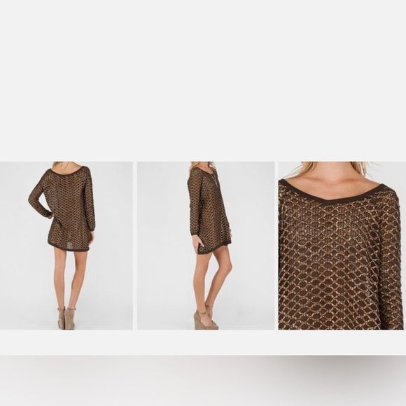 Free People New Romantics Sweater Dress Joan of Arc Brown Gold Long Sleeve Small - Picture 4 of 11